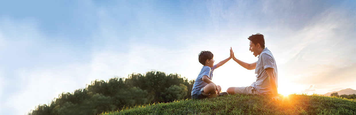 A father and son giving each other a high five on meadow; image used for HSBC Singapore Insurance Emerald Life Legacy Plan.